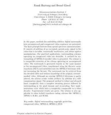 خرید و دانلود نسخه کامل کتاب Hartung Girod – Watermarking of Uncompressed and Compressed Video
